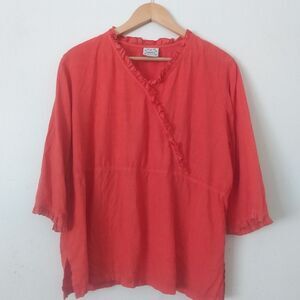 Vintage Donna USA Linen Top, 3/4 Sleeve, Womens Large Bright Coral Ruffle Trim